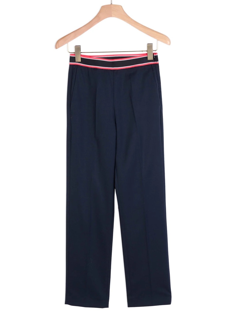 SANDRO DARL Navy Straight-Leg Pants with RED ACCENT STRETCH Trim Waistband 36